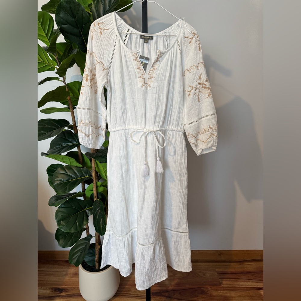 Style & Co. White Maxi Dress with Tan Embroidery